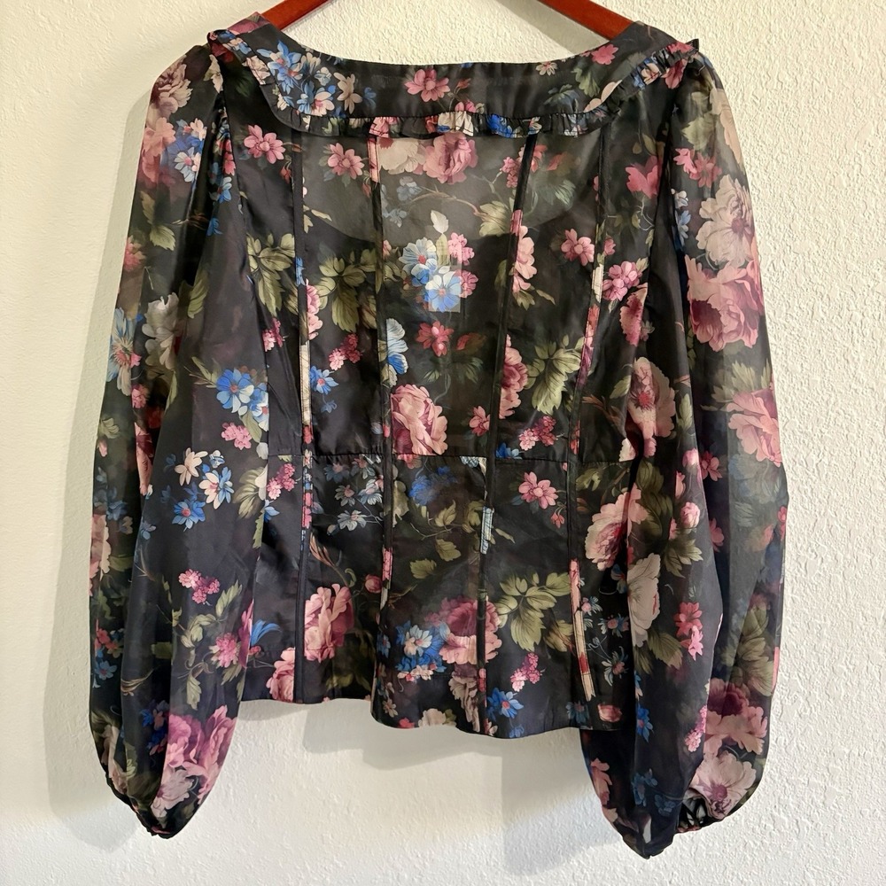 NWT Anthropologie Black Floral Corset Blouse Size M Sheer Puff Sleeve Ruffle Top - Picture 3 of 16